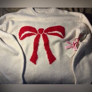 Cream Sweater with Red Bow